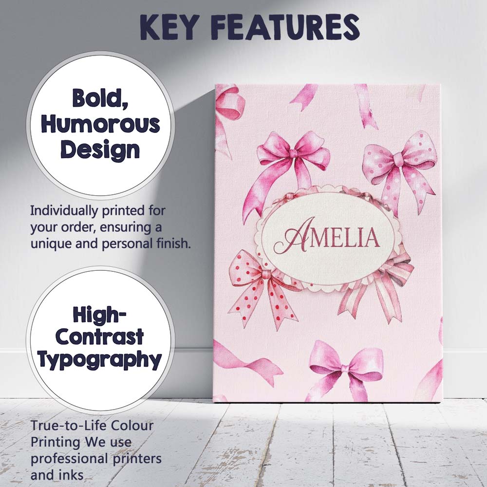 Personalised Name Watercolor Pink Ribbon Bows Soft Blush Background Custom Canvas Wall Art Print Decor Picture Ready to Hang