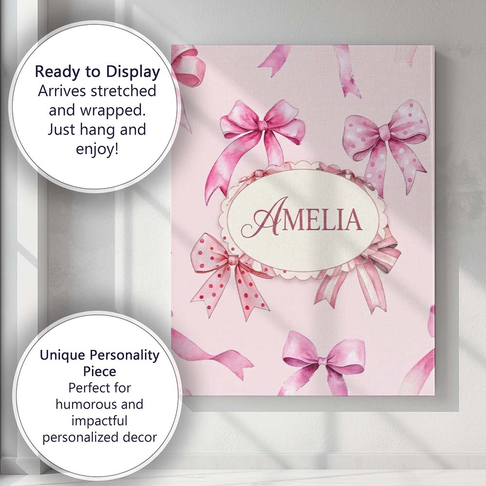 Personalised Name Watercolor Pink Ribbon Bows Soft Blush Background Custom Canvas Wall Art Print Decor Picture Ready to Hang
