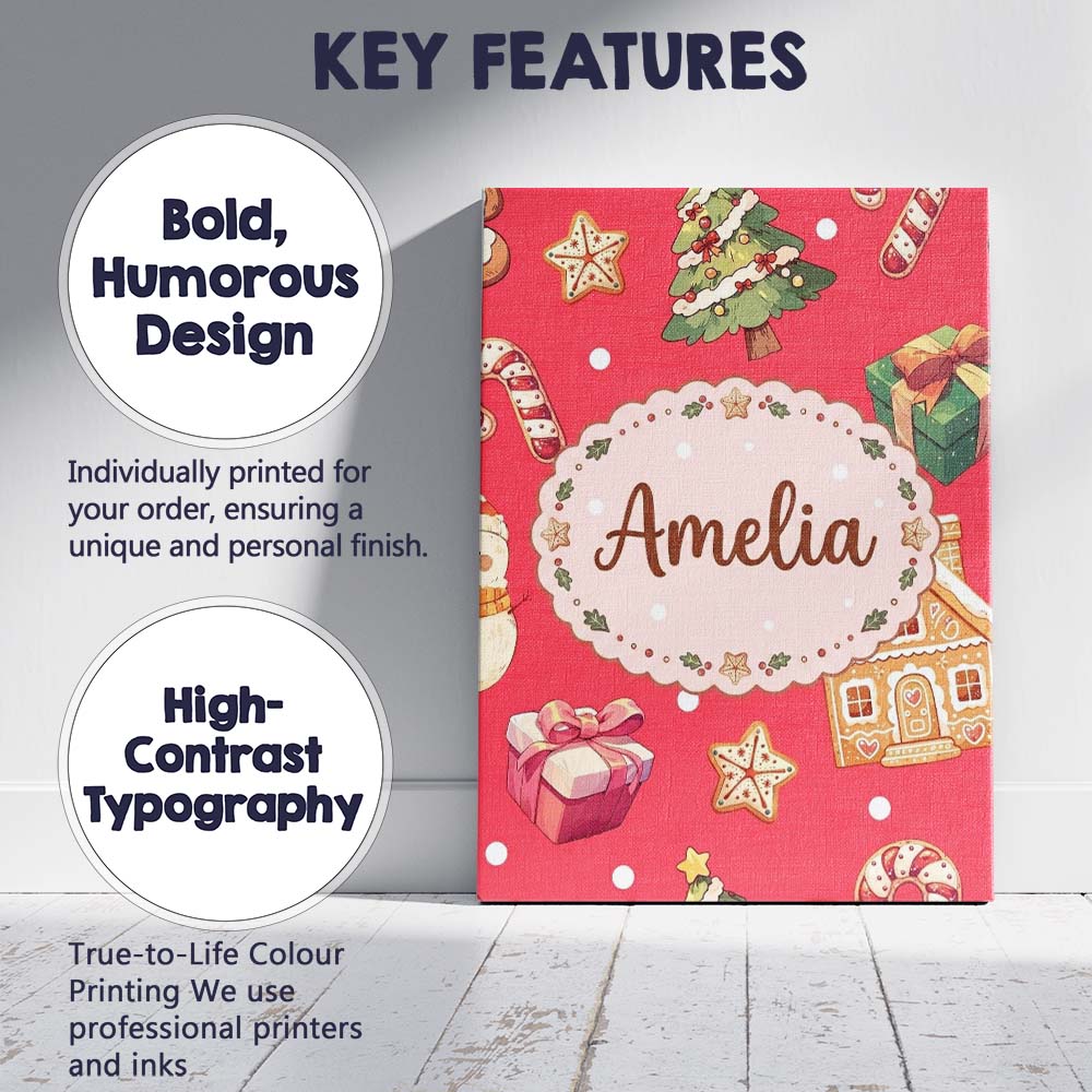 Personalised Name Cute Gingerbread Man Custom Modern Room Accent Elegant Feature Canvas Wall Art Print Decor Picture Ready to Hang