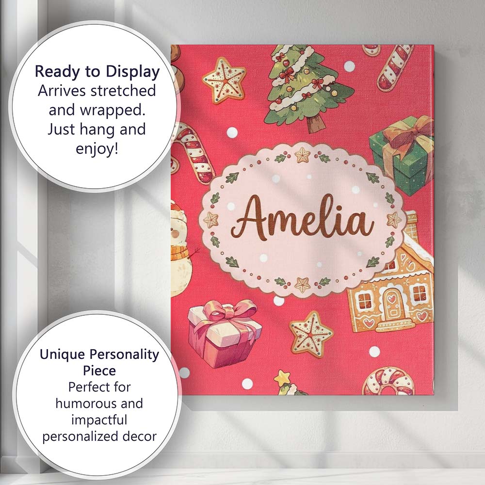 Personalised Name Cute Gingerbread Man Custom Modern Room Accent Elegant Feature Canvas Wall Art Print Decor Picture Ready to Hang
