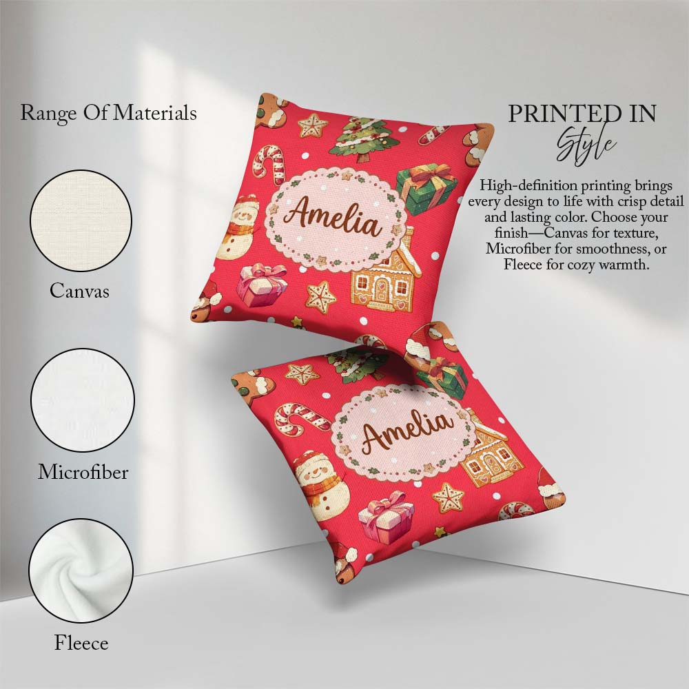 Custom Name Gingerbread Man Tree Candy Cane Holiday Pattern Red Square Filled Cushion Throw Pillow Sofa Bed Home Decor Zip Washable UK Made
