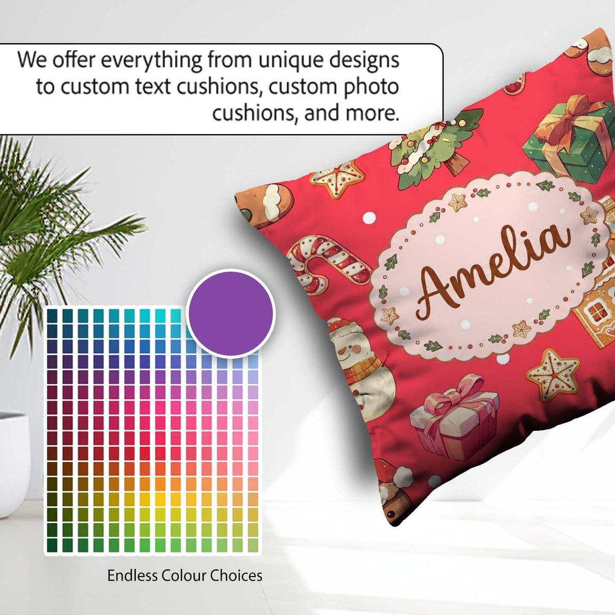 Custom Name Gingerbread Man Tree Candy Cane Holiday Pattern Red Square Filled Cushion Throw Pillow Sofa Bed Home Decor Zip Washable UK Made