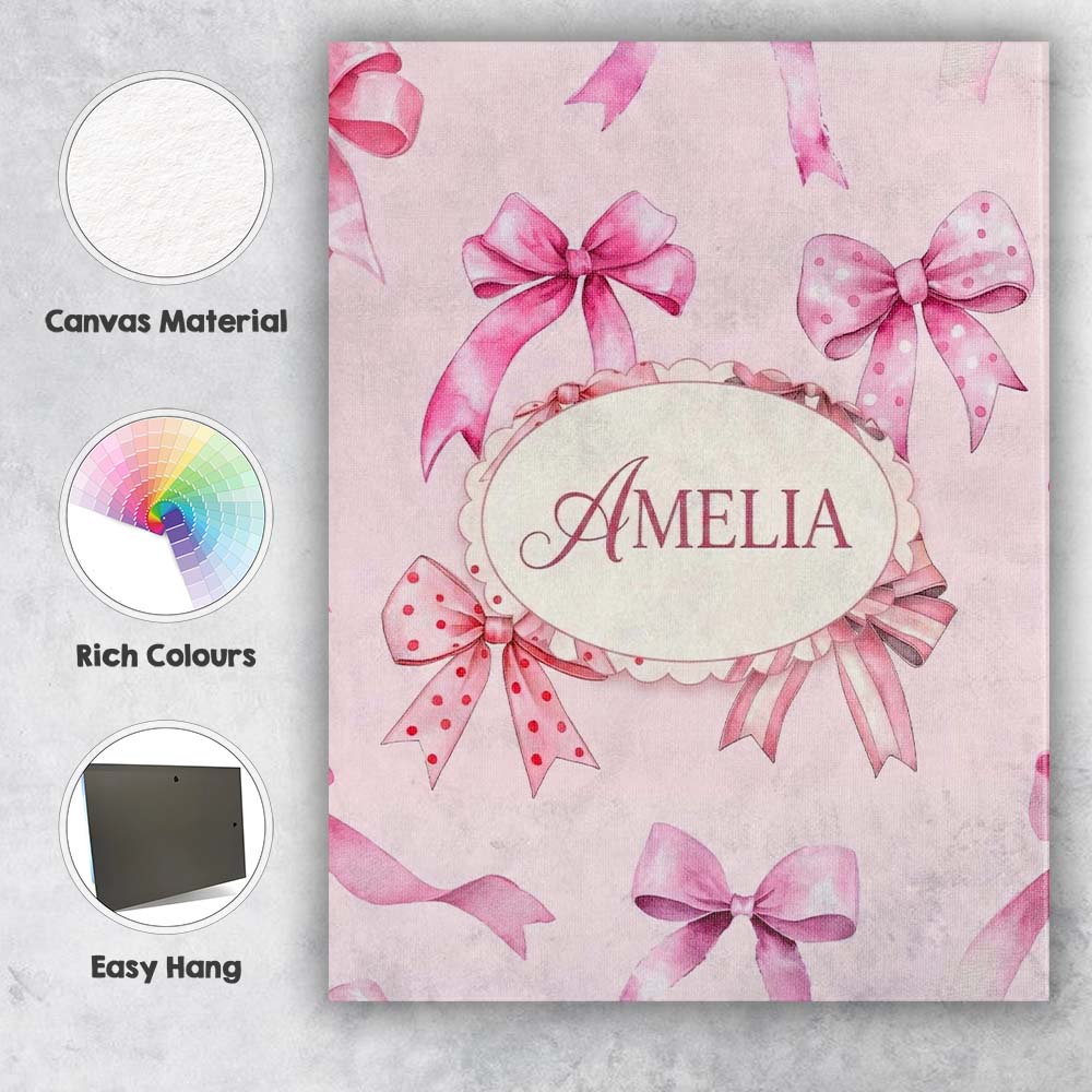 Personalised Name Watercolor Pink Ribbon Bows Soft Blush Background Custom Canvas Wall Art Print Decor Picture Ready to Hang