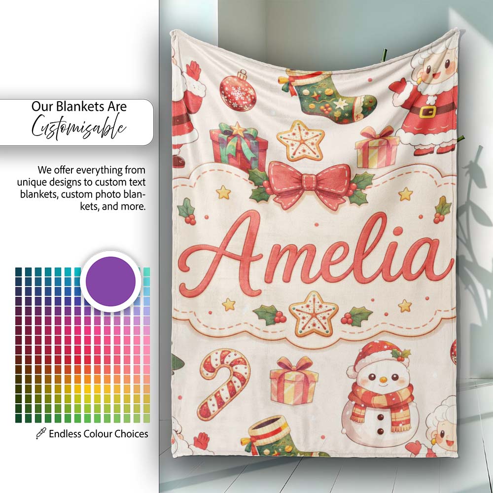 Cute Santa Claus Mrs Claus Snowman Christmas Gift Pattern Cream Personalised Custom Name Super Soft Fleece Blanket Bed Sofa Throw