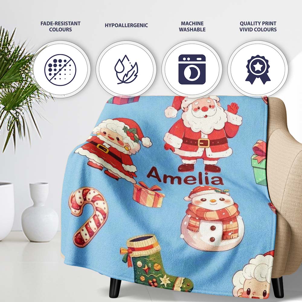 Cute Santa Claus Mrs Claus Snowman Christmas Gift Pattern Blue Personalised Custom Name Super Soft Fleece Blanket Bed Sofa Throw