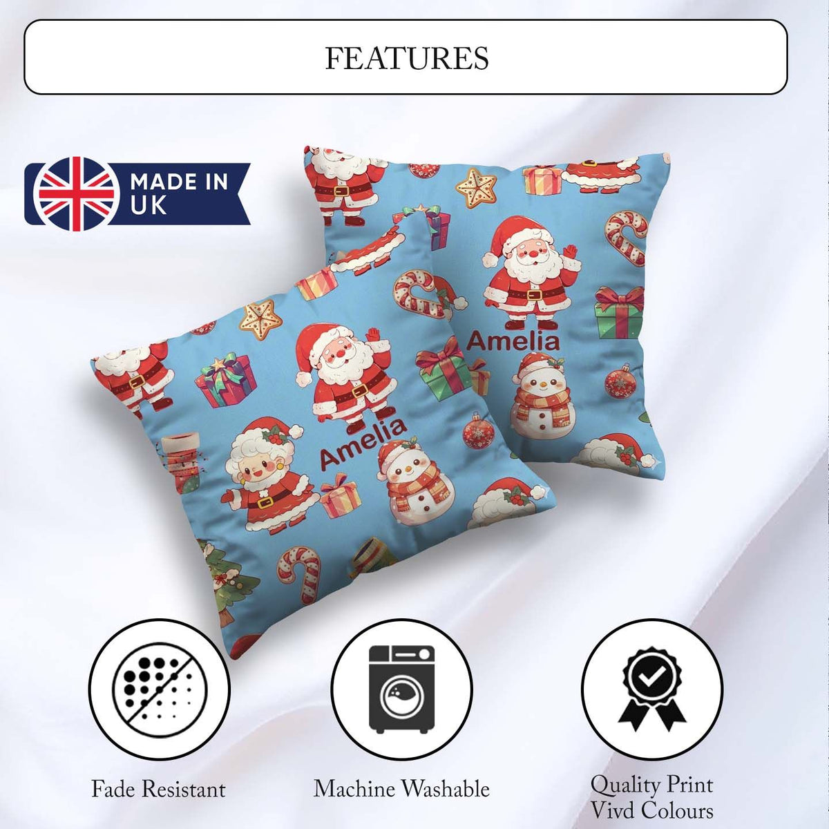 Custom Name Santa Claus Mrs Claus Snowman Christmas Pattern Blue Square Filled Cushion Throw Pillow Sofa Bed Home Decor Zip Washable UK Made