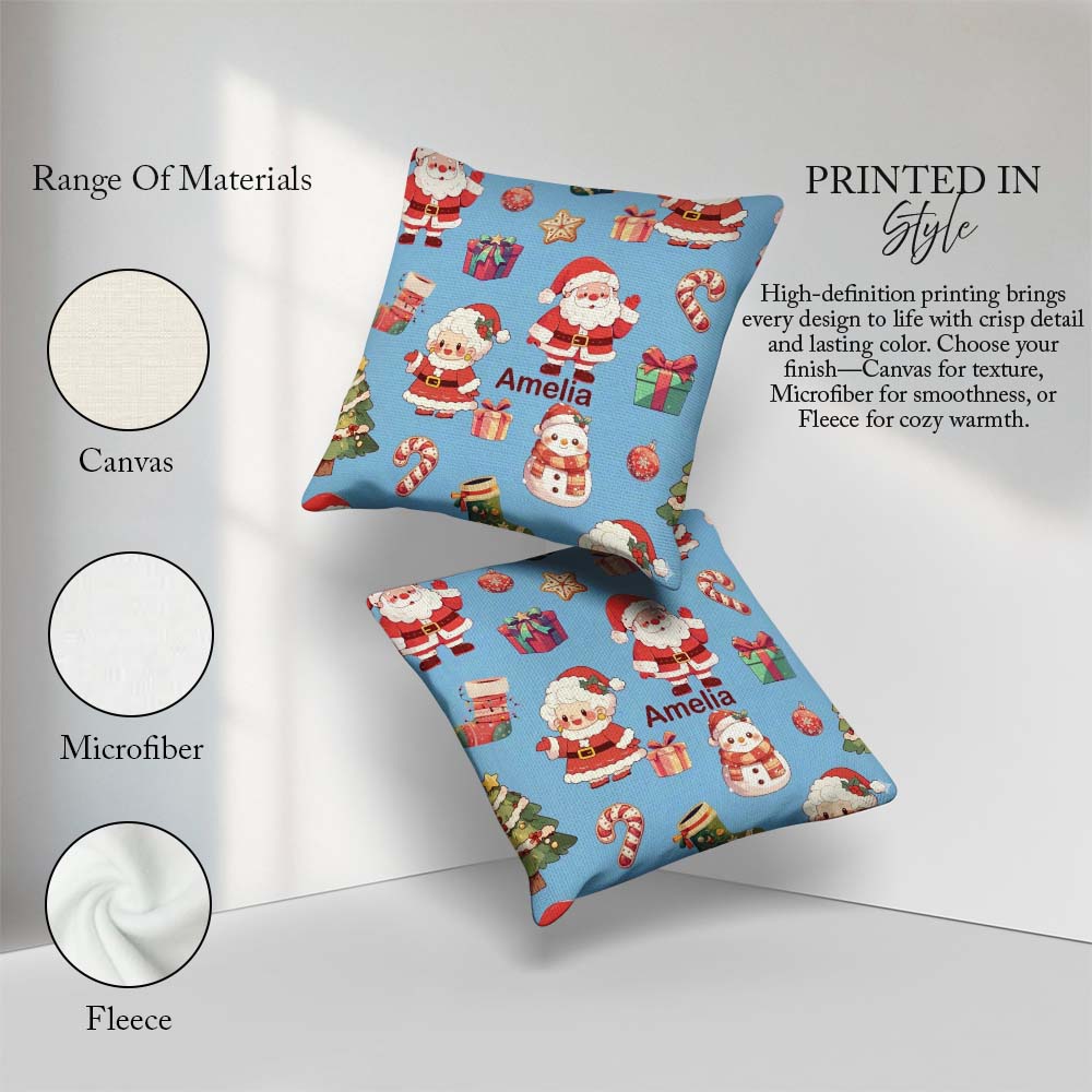 Custom Name Santa Claus Mrs Claus Snowman Christmas Pattern Blue Square Filled Cushion Throw Pillow Sofa Bed Home Decor Zip Washable UK Made