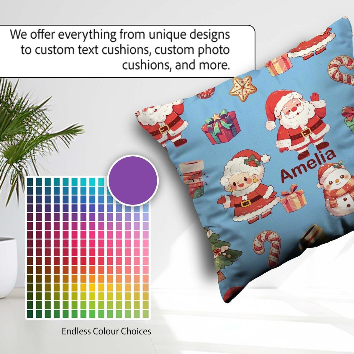 Custom Name Santa Claus Mrs Claus Snowman Christmas Pattern Blue Square Filled Cushion Throw Pillow Sofa Bed Home Decor Zip Washable UK Made