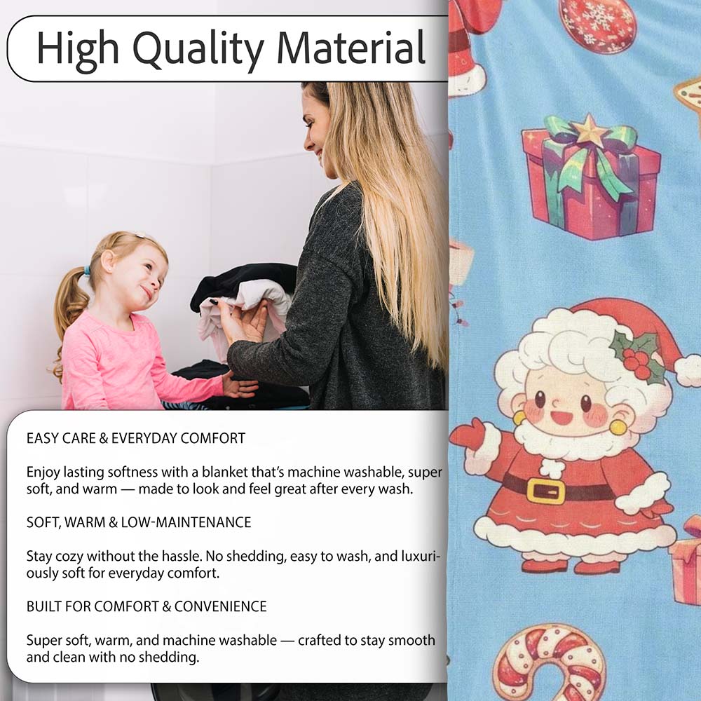 Cute Santa Claus Mrs Claus Snowman Christmas Gift Pattern Blue Personalised Custom Name Super Soft Fleece Blanket Bed Sofa Throw