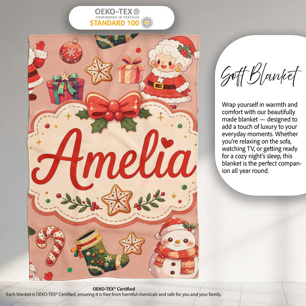 Cute Santa Claus Mrs Claus Snowman Christmas Gift Pattern Peach Personalised Custom Name Super Soft Fleece Blanket Bed Sofa Throw