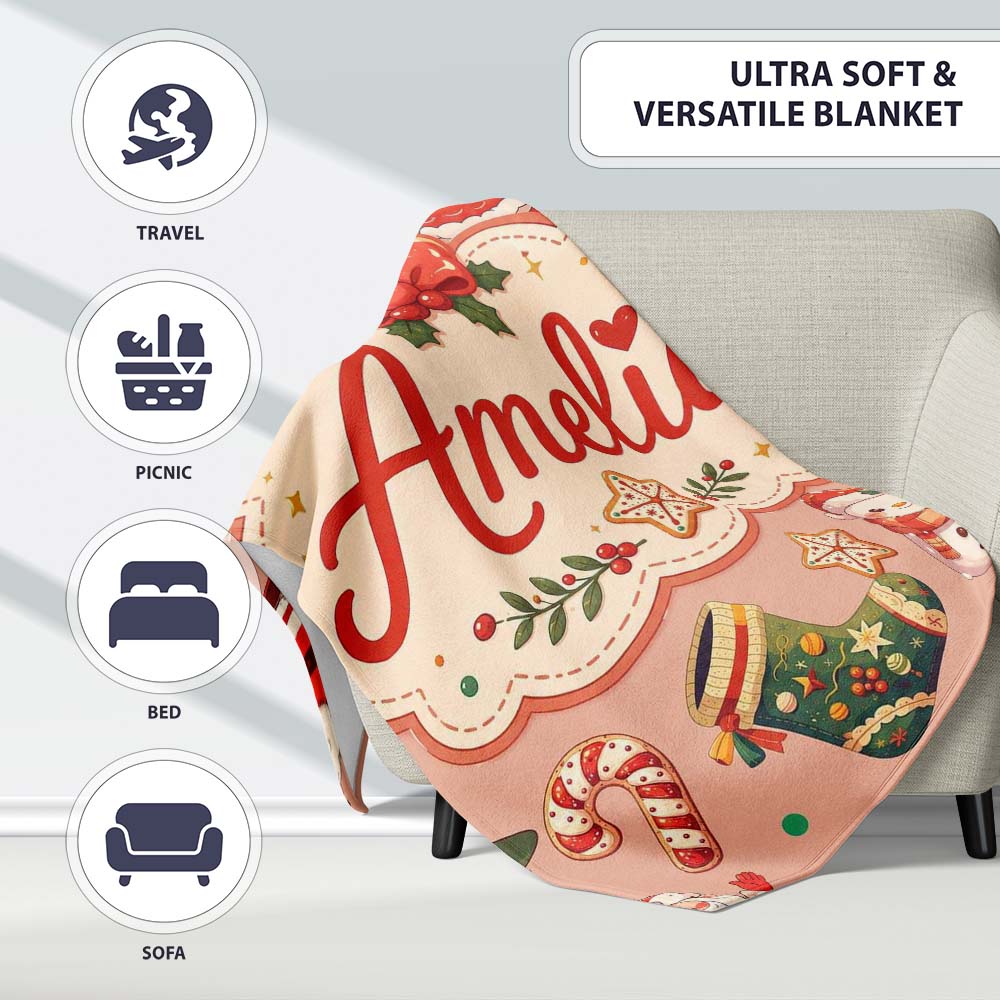 Cute Santa Claus Mrs Claus Snowman Christmas Gift Pattern Peach Personalised Custom Name Super Soft Fleece Blanket Bed Sofa Throw