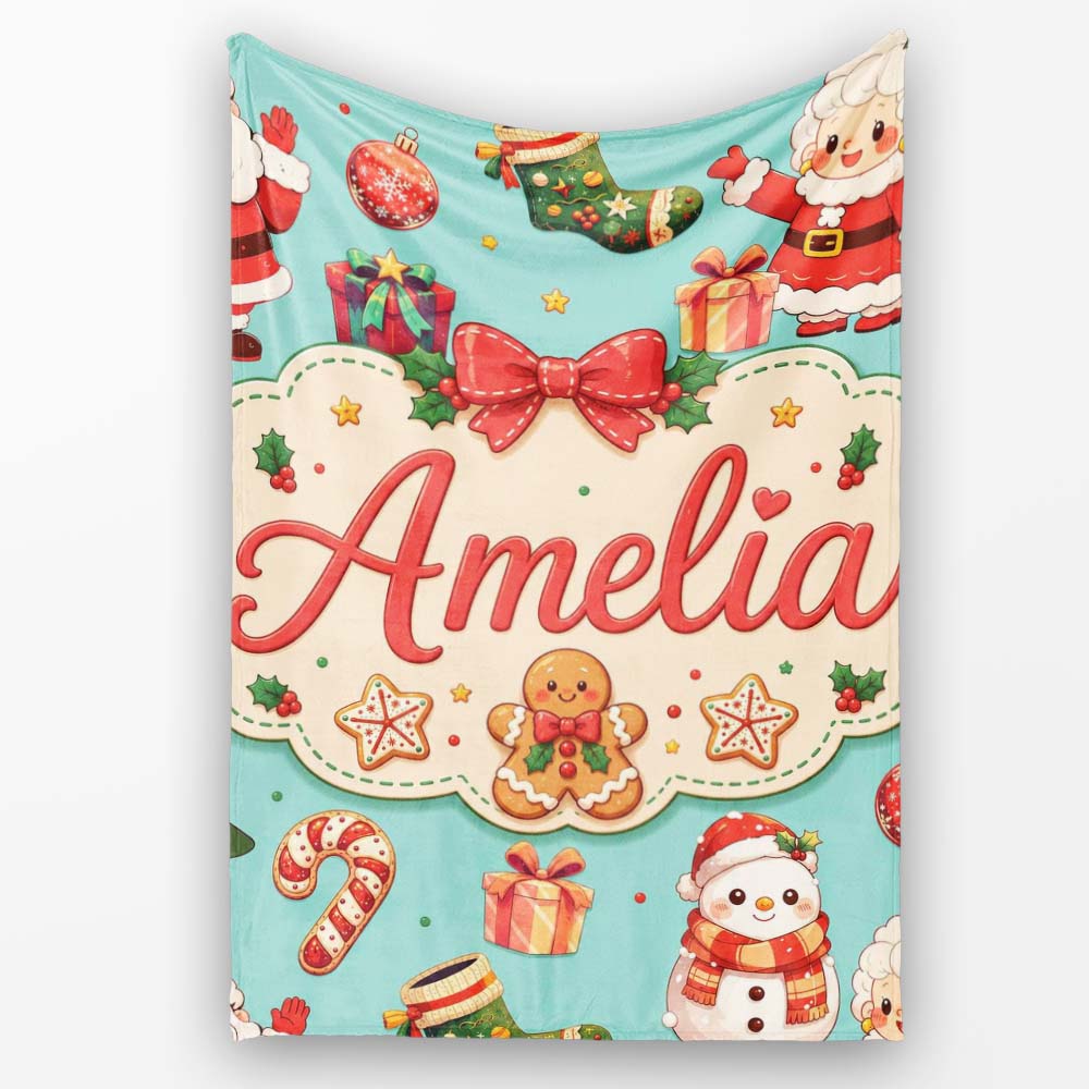 Cute Santa Claus Mrs Claus Snowman Christmas Gift Pattern Teal Personalised Custom Name Super Soft Fleece Blanket Bed Sofa Throw