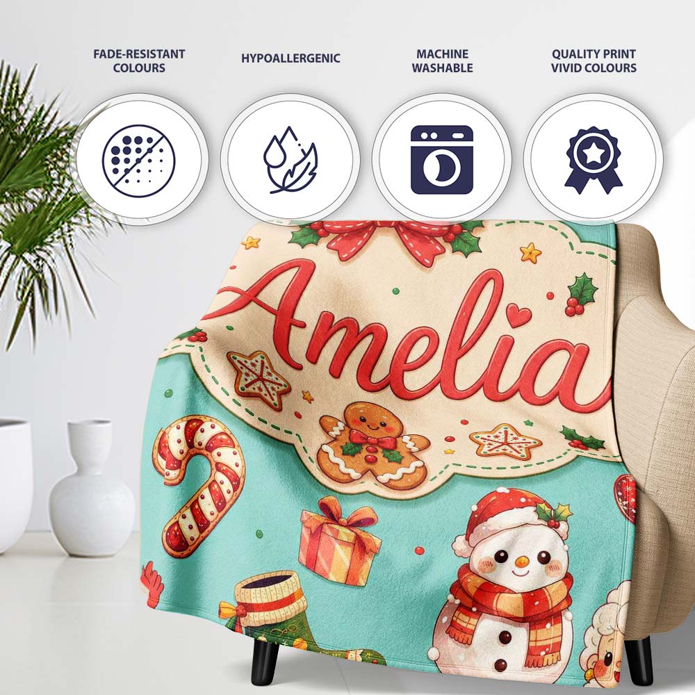 Cute Santa Claus Mrs Claus Snowman Christmas Gift Pattern Teal Personalised Custom Name Super Soft Fleece Blanket Bed Sofa Throw