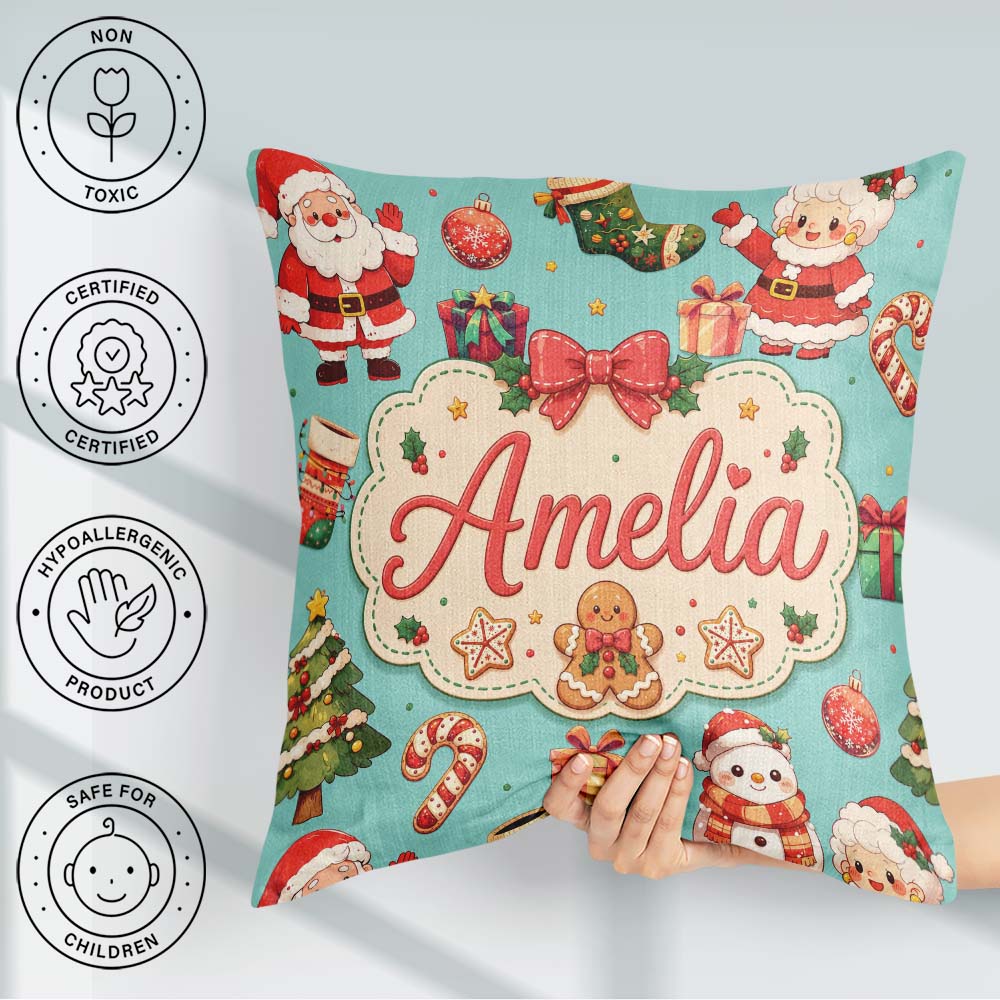 Custom Name Santa Claus Mrs Claus Snowman Christmas Pattern Teal Square Filled Cushion Throw Pillow Sofa Bed Home Decor Zip Washable UK Made