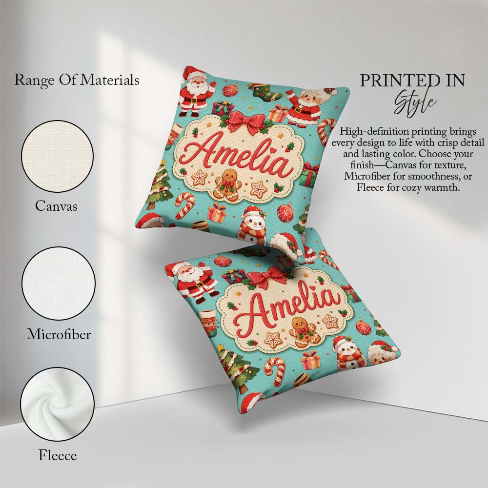 Custom Name Santa Claus Mrs Claus Snowman Christmas Pattern Teal Square Filled Cushion Throw Pillow Sofa Bed Home Decor Zip Washable UK Made