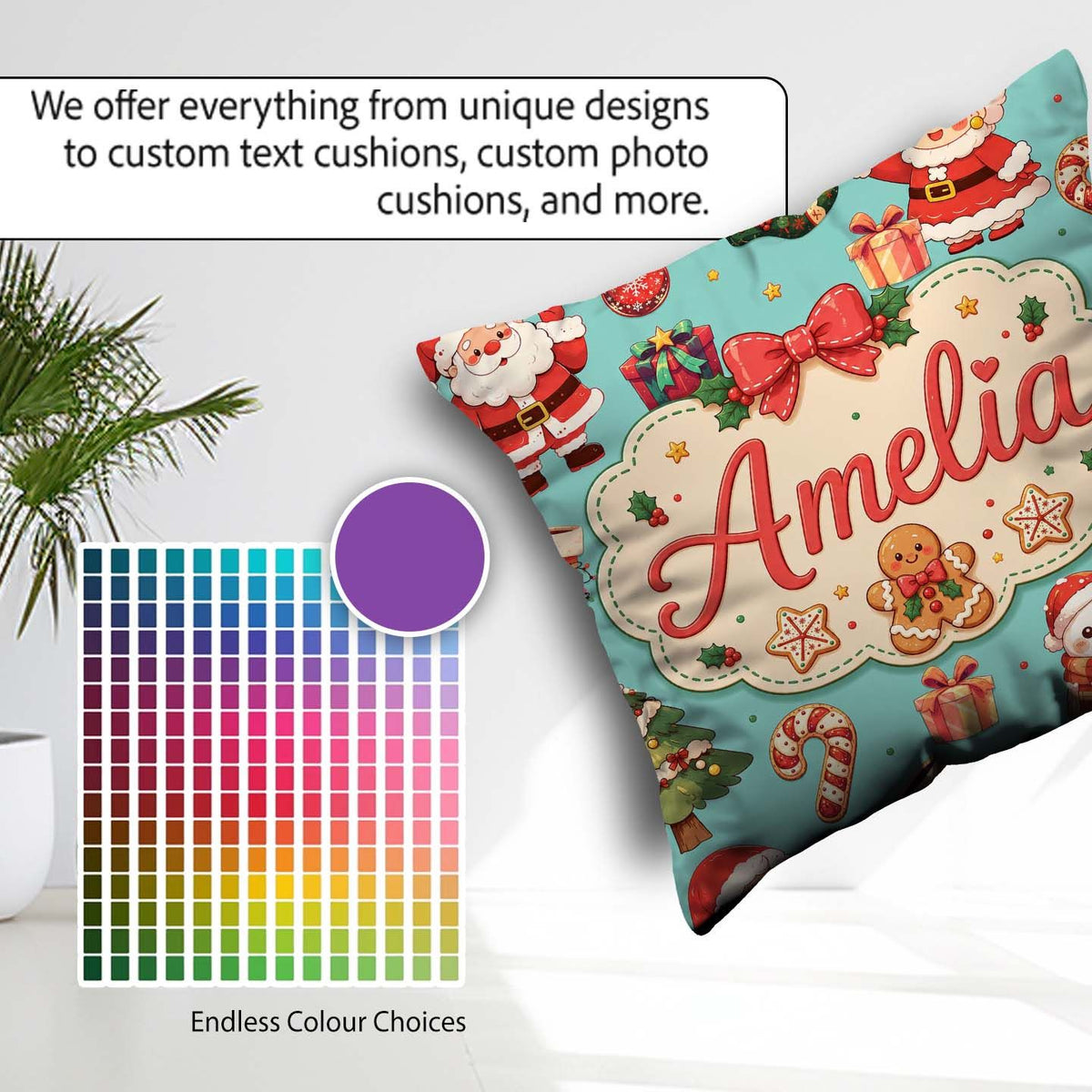 Custom Name Santa Claus Mrs Claus Snowman Christmas Pattern Teal Square Filled Cushion Throw Pillow Sofa Bed Home Decor Zip Washable UK Made