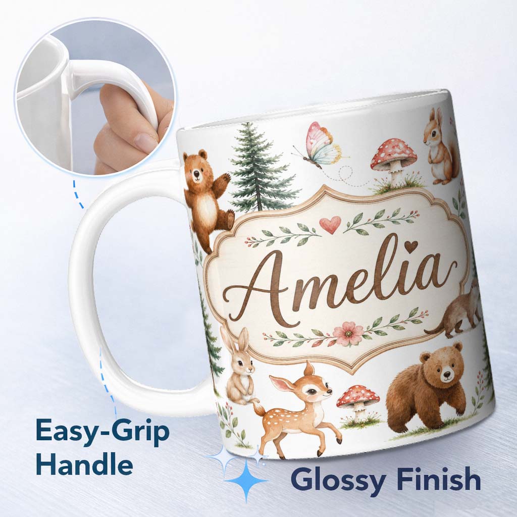 Personalized Custom Name Forest Animals Bear Deer Fox Owl Raccoon on Soft Grey Seamless 11oz Ceramic Coffee Tea Mug White Large Handle