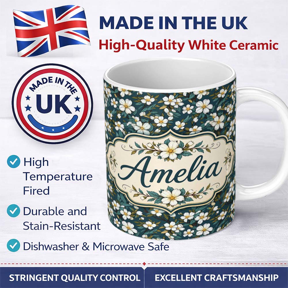 Personalized Custom Name Teal Background White Floral Botanical Pattern with Detailed Leaves 11oz Ceramic Coffee Tea Mug White Large Handle