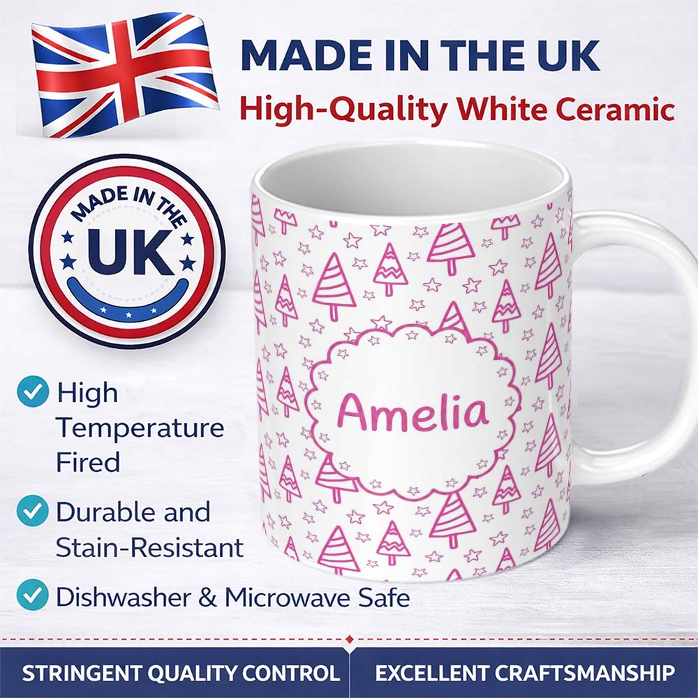 Personalized Custom Name Cute Pink Christmas Tree Star Doodle Seamless Pattern Lovely 11oz Ceramic Coffee Tea Mug White Large Handle