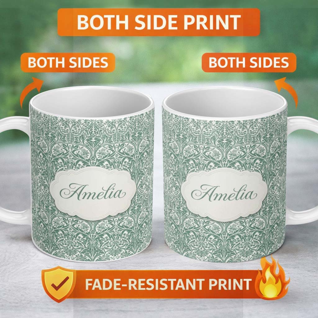 Personalized Custom Name Classic William Morris Style Green Botanical Seamless Pattern Lovely 11oz Ceramic Coffee Tea Mug White Large Handle