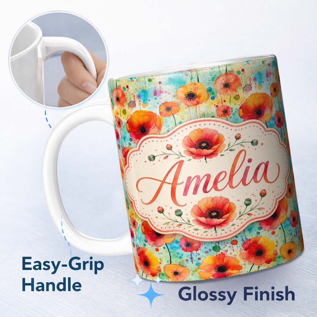 Personalized Custom Name Colorful Watercolor Poppy Garden Artistic Seamless Pattern Lovely 11oz Ceramic Coffee Tea Mug White Large Handle