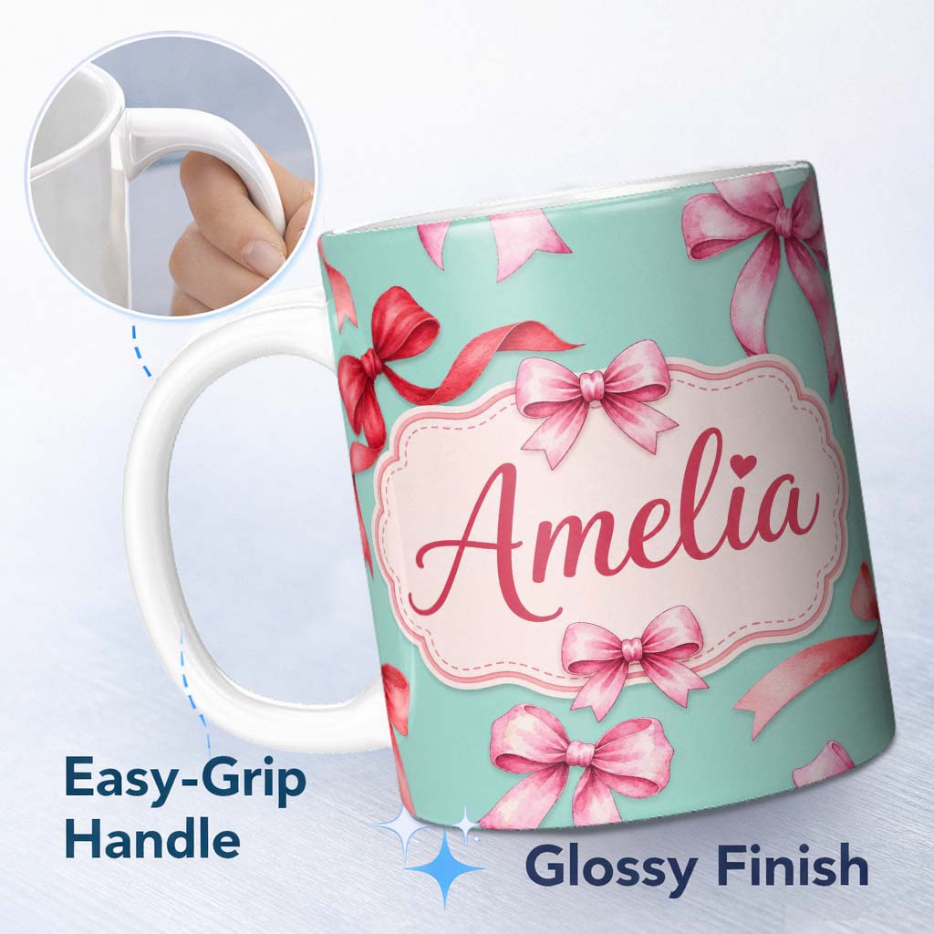 Personalized Custom Name Watercolor Ribbon Bow Seamless Pattern on Teal Background Lovely 11oz Ceramic Coffee Tea Mug White Large Handle