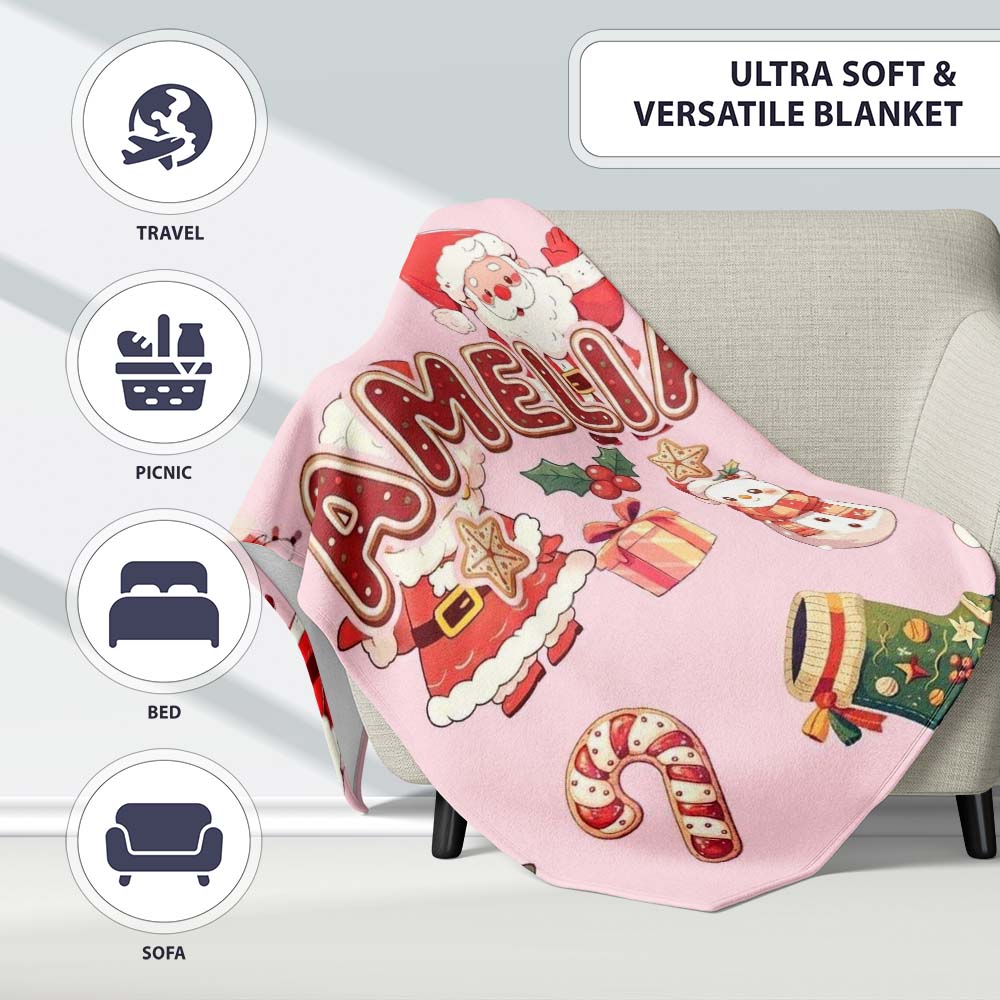 Cute Santa Claus Mrs Claus Snowman Christmas Gift Pattern Pink Personalised Custom Name Super Soft Fleece Blanket Bed Sofa Throw