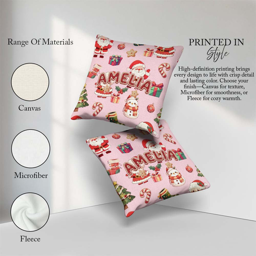 Custom Name Santa Claus Mrs Claus Snowman Christmas Pattern Pink Square Filled Cushion Throw Pillow Sofa Bed Home Decor Zip Washable UK Made