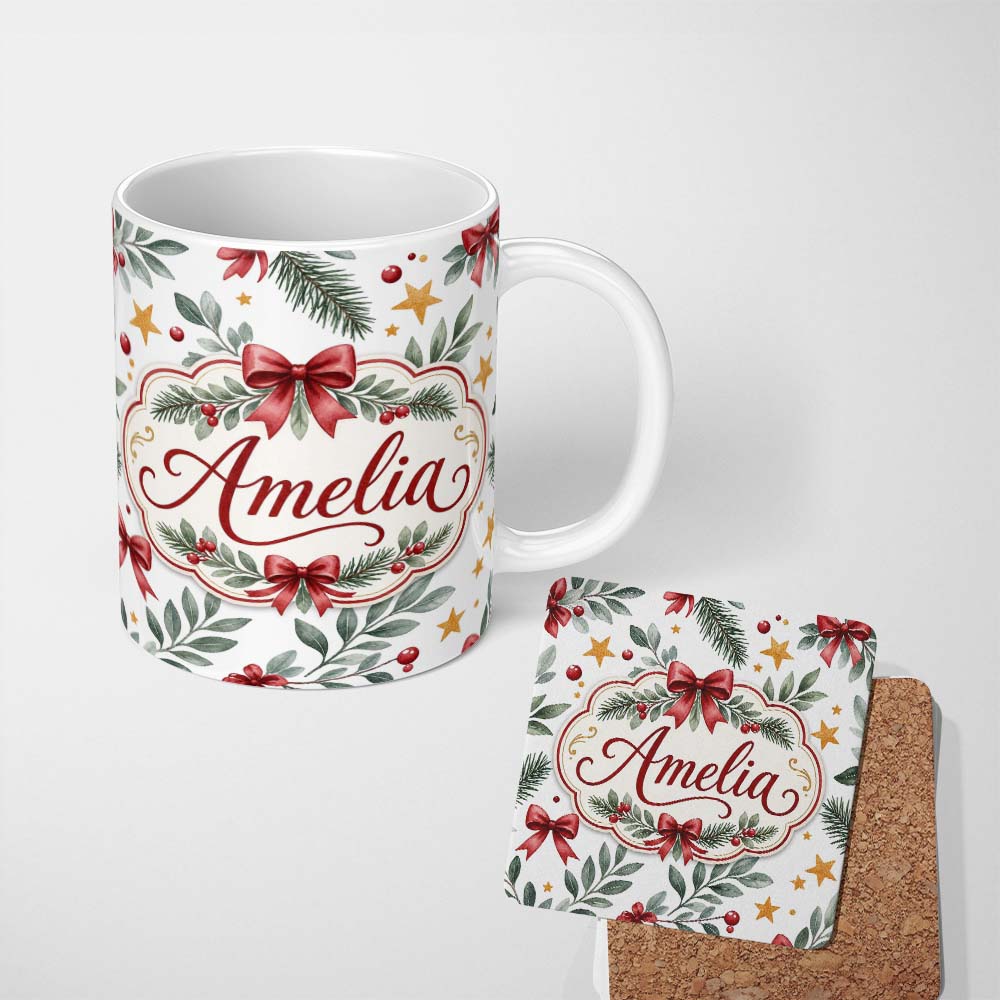 Personalized Custom Name Watercolor Red Bow Gold Star Leaf Berry Holiday Seamless Pattern 11oz Ceramic Coffee Tea Mug White Large Handle