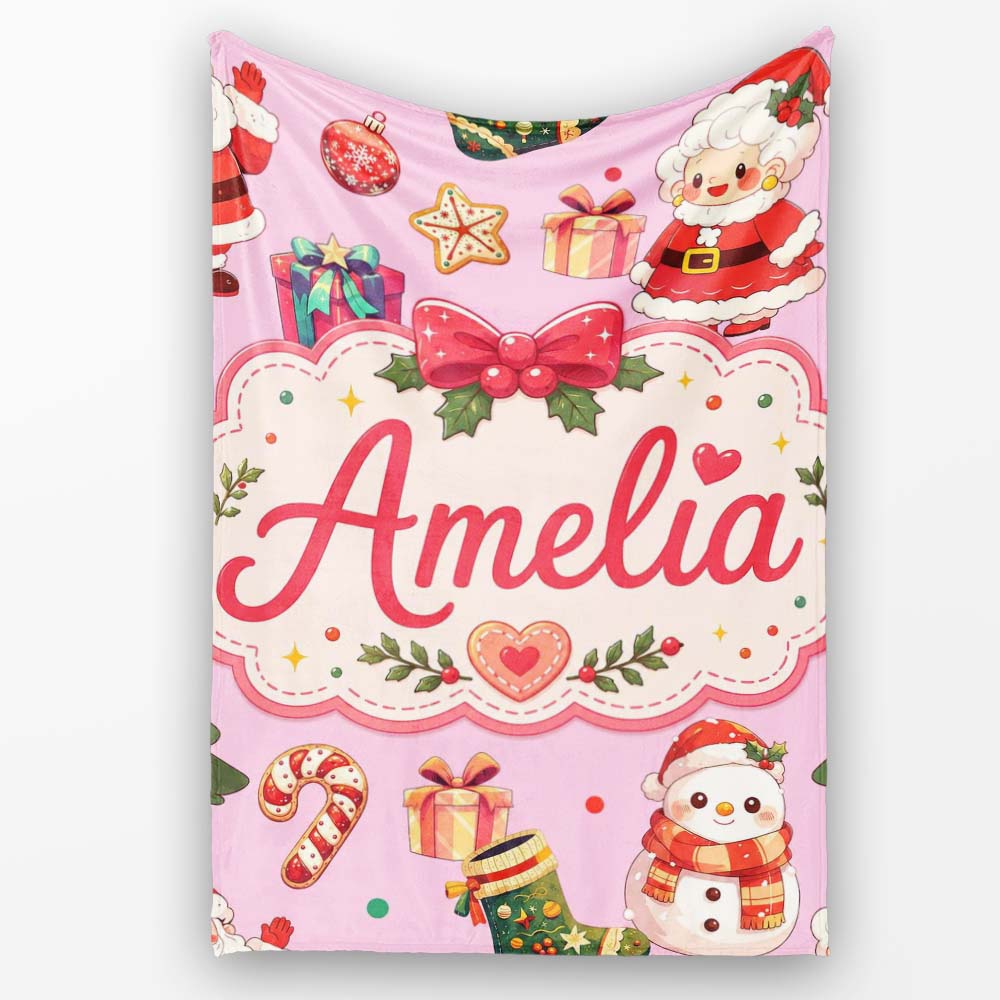 Cute Santa Claus Mrs Claus Snowman Christmas Gift Candy Cane Pink Personalised Custom Name Super Soft Fleece Blanket Bed Sofa Throw