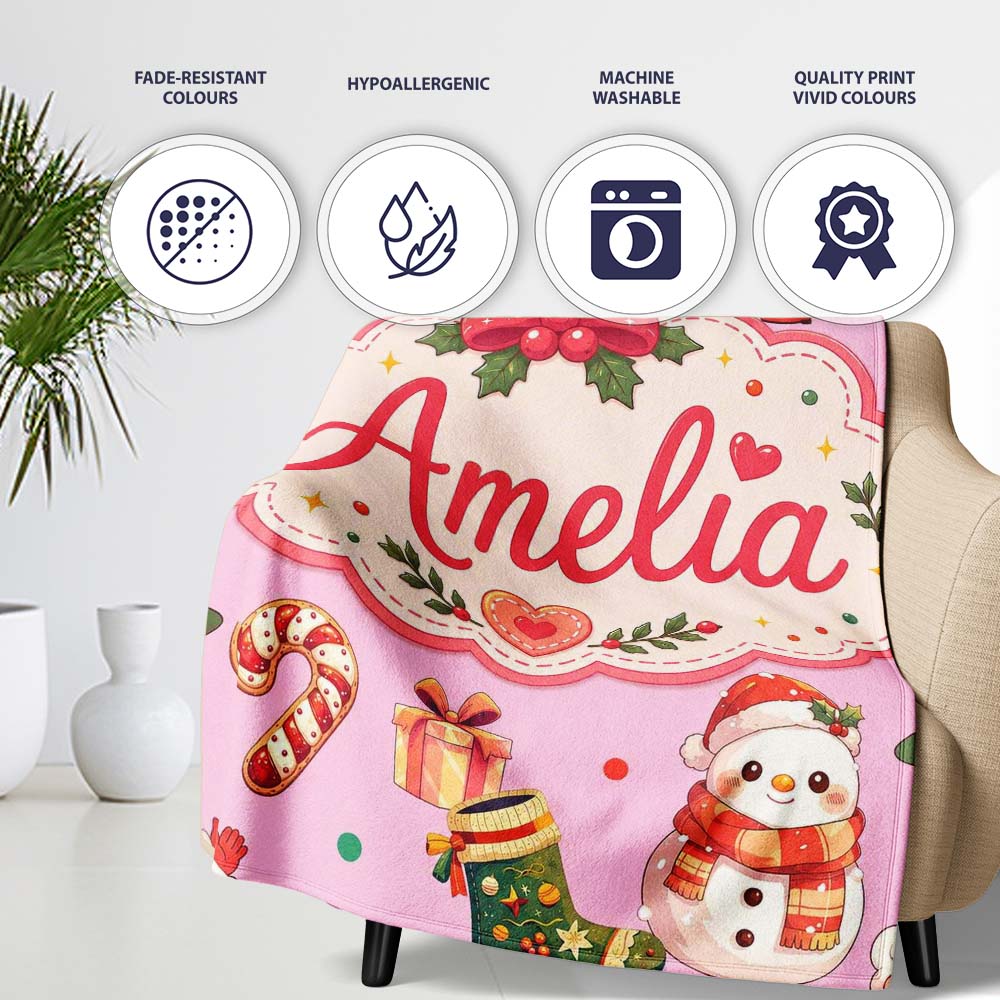 Cute Santa Claus Mrs Claus Snowman Christmas Gift Candy Cane Pink Personalised Custom Name Super Soft Fleece Blanket Bed Sofa Throw