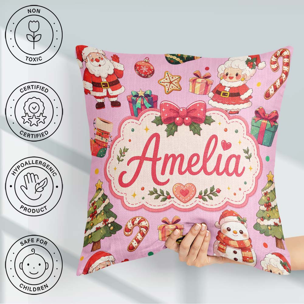 Custom Name Cute Santa Claus Mrs Claus Christmas Candy Cane Pink Square Filled Cushion Throw Pillow Sofa Bed Home Decor Zip Washable UK Made