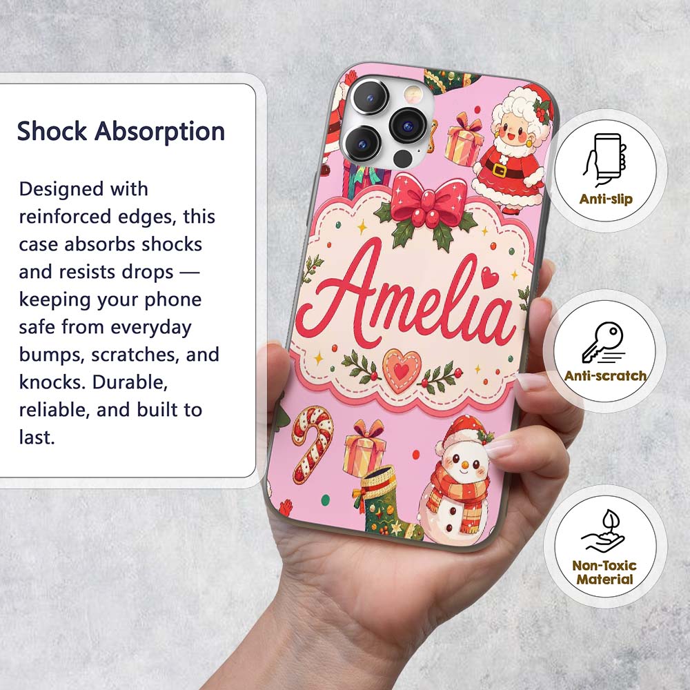 Cute Santa Claus Mrs Claus Snowman Christmas Gift Custom Name Protective Phone Case Mobile Cover Durable Everyday Smartphone Shock Resistant