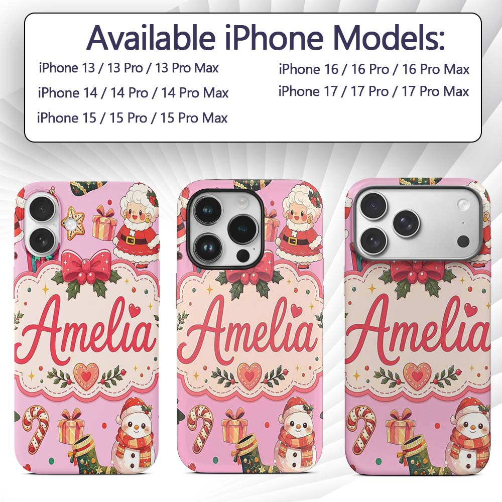 Cute Santa Claus Mrs Claus Snowman Christmas Gift Custom Name Protective Phone Case Mobile Cover Durable Everyday Smartphone Shock Resistant
