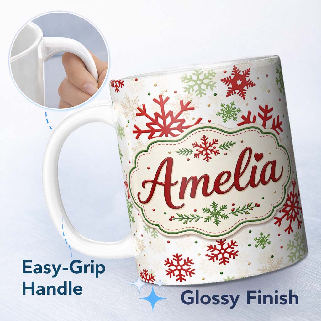 Personalized Custom Name Red Green Snowflake Winter Holiday Seamless Pattern Cute Unique Gift 11oz Ceramic Coffee Tea Mug White Large Handle
