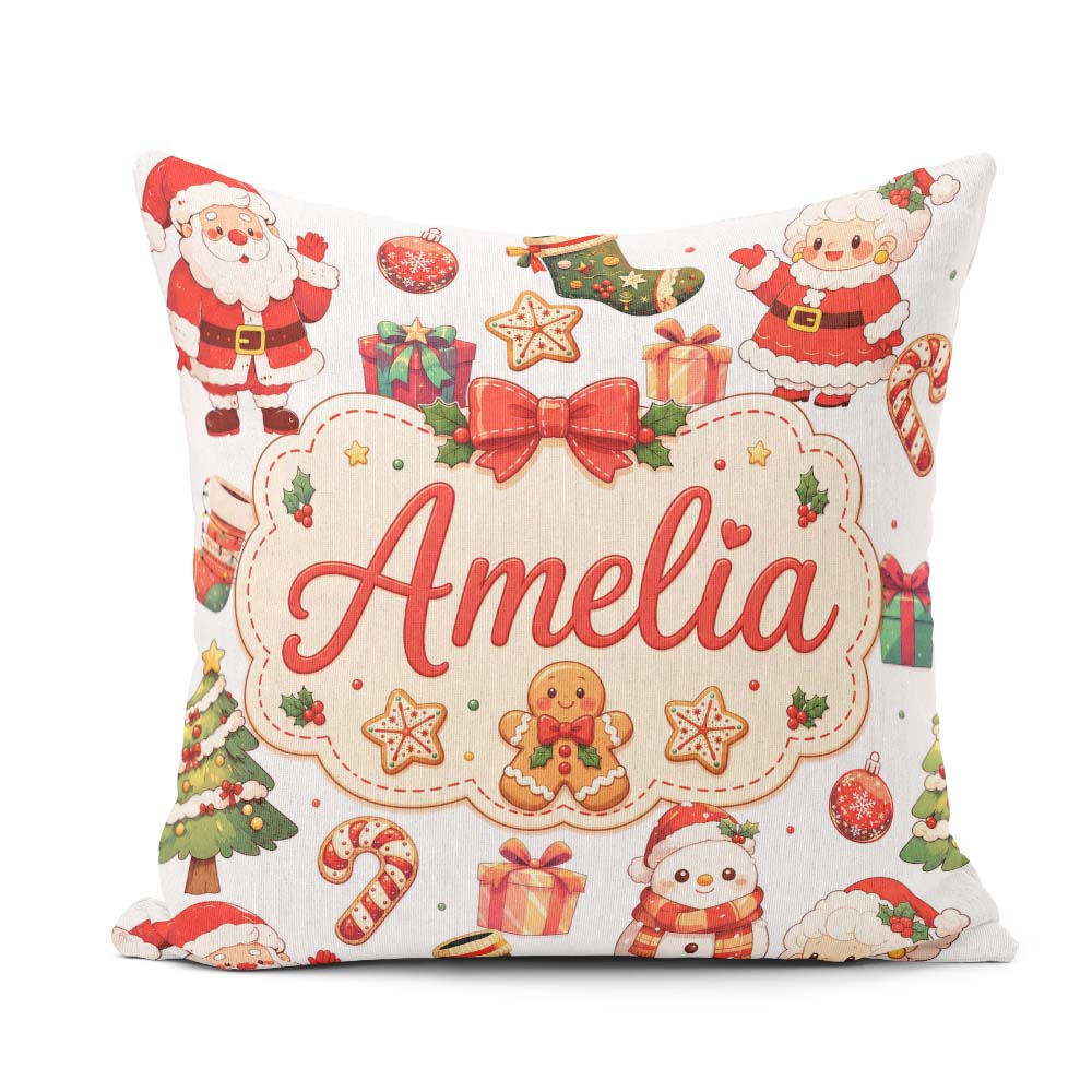 Custom Name Cute Santa Claus Mrs Claus Snowman Candy Cane White Square Filled Cushion Throw Pillow Sofa Bed Home Decor Zip Washable UK Made