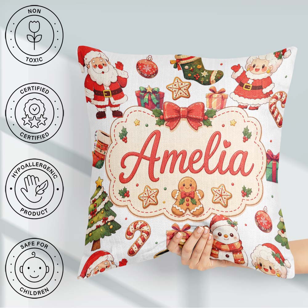Custom Name Cute Santa Claus Mrs Claus Snowman Candy Cane White Square Filled Cushion Throw Pillow Sofa Bed Home Decor Zip Washable UK Made