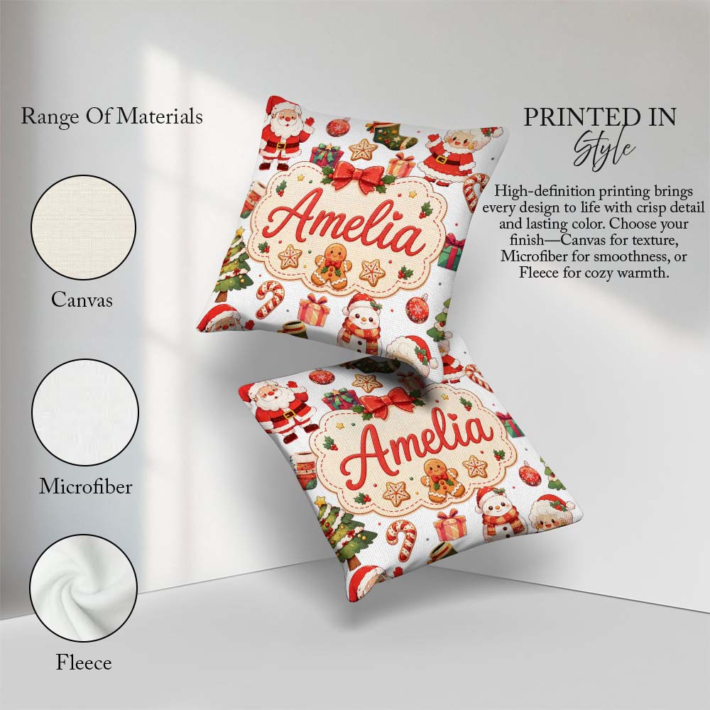 Custom Name Cute Santa Claus Mrs Claus Snowman Candy Cane White Square Filled Cushion Throw Pillow Sofa Bed Home Decor Zip Washable UK Made