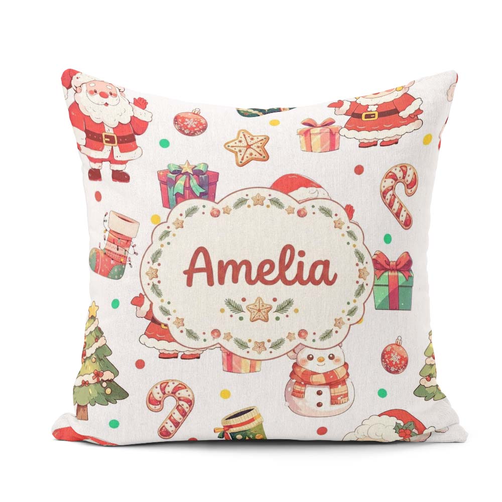 Custom Name Santa Claus Mrs Claus Snowman Christmas Candy Cane Square Filled Cushion Throw Pillow Sofa Bed Home Decor Zip Washable UK Made