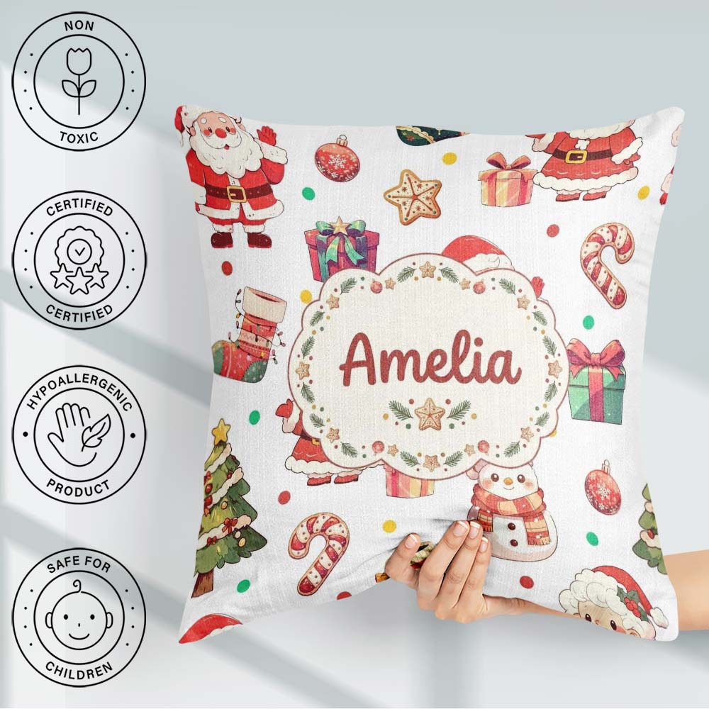 Custom Name Santa Claus Mrs Claus Snowman Christmas Candy Cane Square Filled Cushion Throw Pillow Sofa Bed Home Decor Zip Washable UK Made