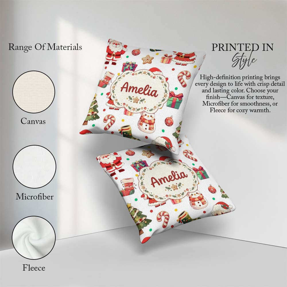 Custom Name Santa Claus Mrs Claus Snowman Christmas Candy Cane Square Filled Cushion Throw Pillow Sofa Bed Home Decor Zip Washable UK Made