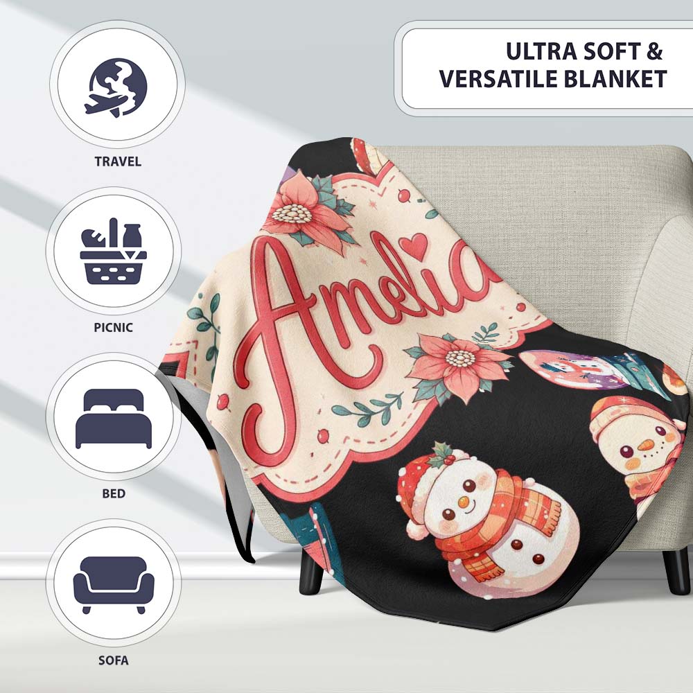 Cute Snowman Snow Globe Poinsettia Flower Christmas Pattern Black Personalised Custom Name Super Soft Fleece Blanket Bed Sofa Throw