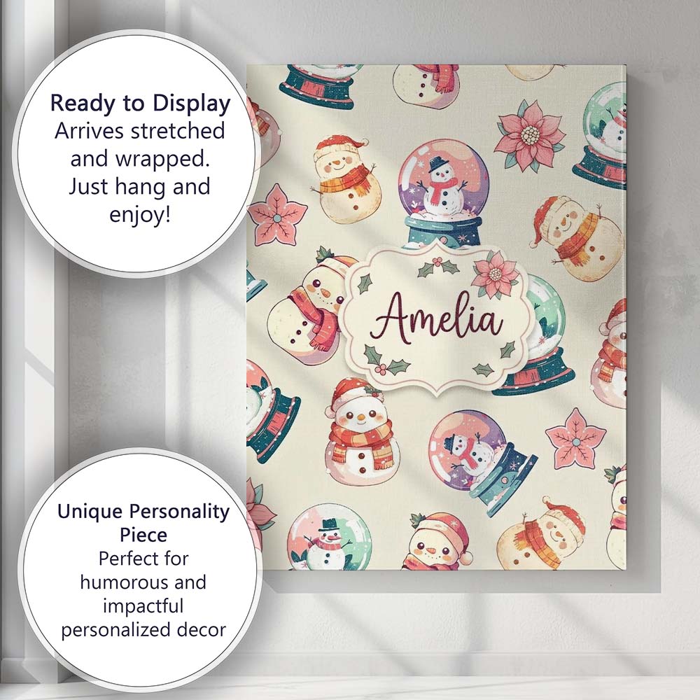 Personalised Name Cute Snowman Snow Globe Custom Unique Gift Idea Elegant Feature Canvas Wall Art Print Decor Picture Ready to Hang