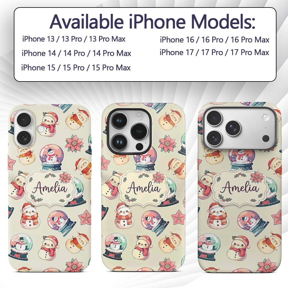 Cute Snowman Snow Globe Poinsettia Printed Design Custom Name Protective Phone Case Mobile Cover Durable Everyday Smartphone Shock Resistant