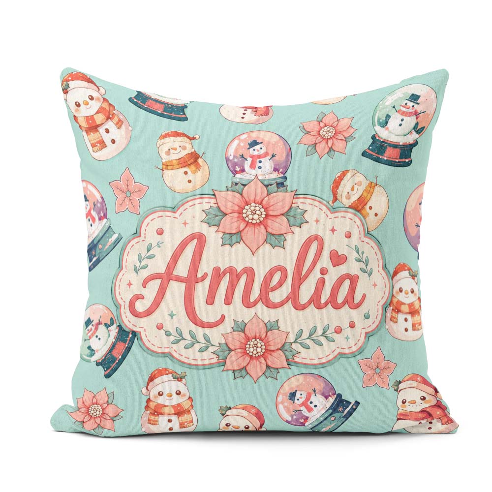 Custom Name Snowman Snow Globe Poinsettia Christmas Pattern Teal Square Filled Cushion Throw Pillow Sofa Bed Home Decor Zip Washable UK Made