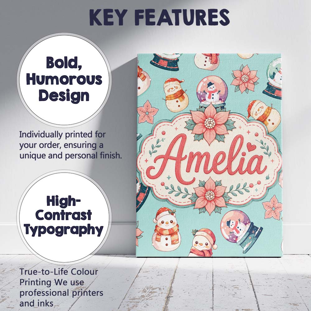 Personalised Name Cute Snowman Snow Globe Custom Unique Gift Idea Elegant Feature Canvas Wall Art Print Decor Picture Ready to Hang