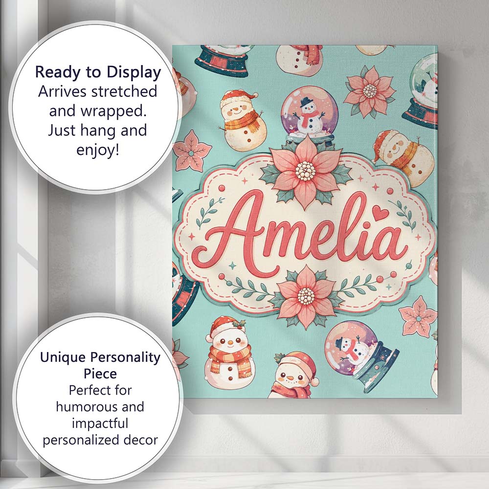 Personalised Name Cute Snowman Snow Globe Custom Unique Gift Idea Elegant Feature Canvas Wall Art Print Decor Picture Ready to Hang