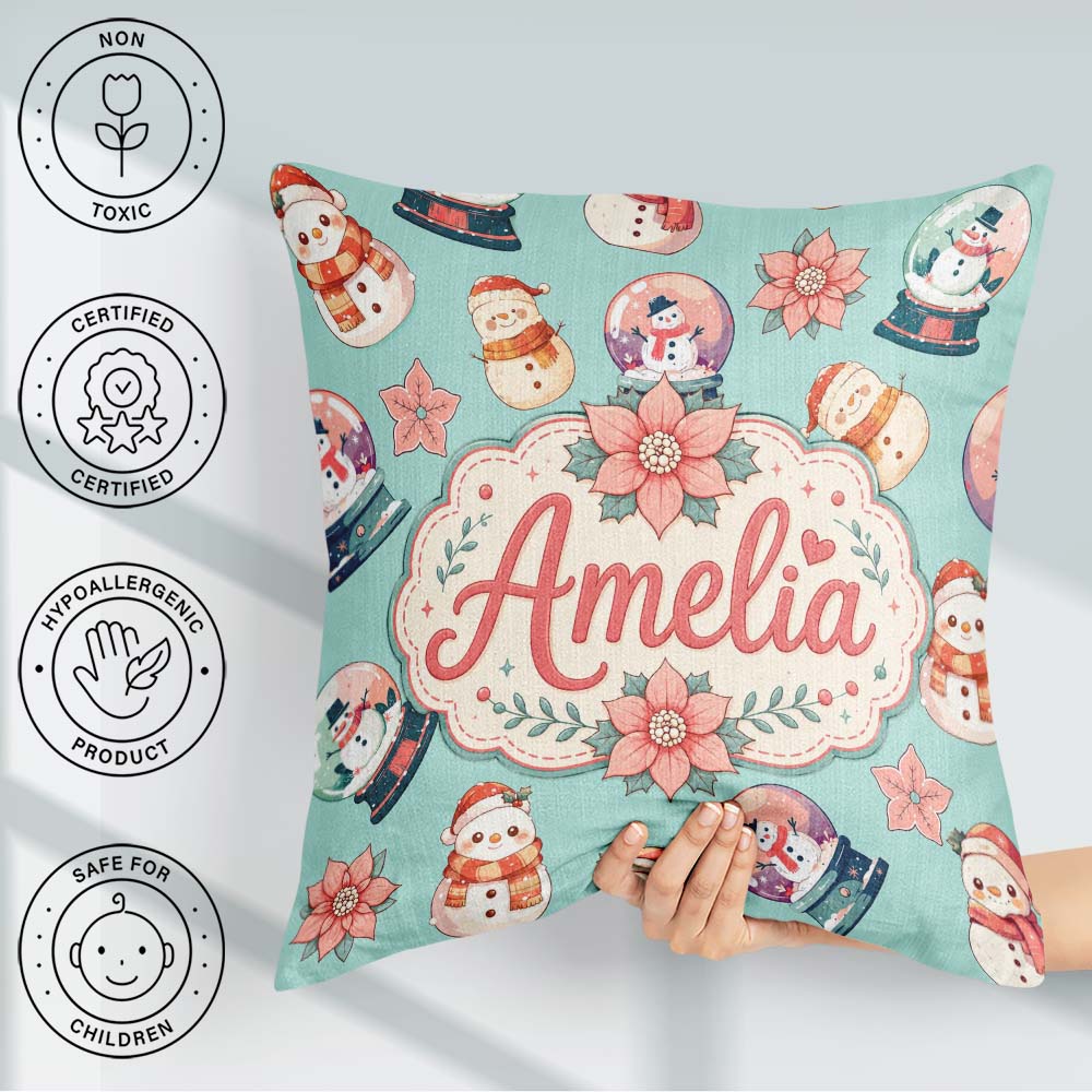 Custom Name Snowman Snow Globe Poinsettia Christmas Pattern Teal Square Filled Cushion Throw Pillow Sofa Bed Home Decor Zip Washable UK Made