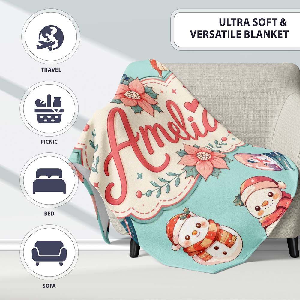 Cute Snowman Snow Globe Poinsettia Flower Christmas Pattern Teal Personalised Custom Name Super Soft Fleece Blanket Bed Sofa Throw