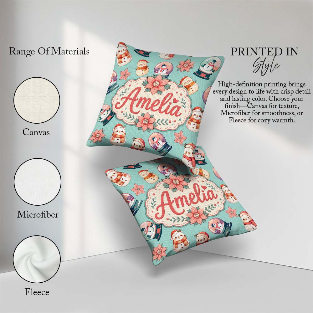Custom Name Snowman Snow Globe Poinsettia Christmas Pattern Teal Square Filled Cushion Throw Pillow Sofa Bed Home Decor Zip Washable UK Made